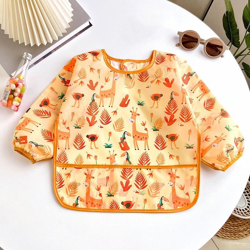 

0-2 Years Baby Soft Bibs Cute Colorful Cartoon Waterproof Bibs Infant Eating Drawing Long Sleeve Apron Self Feeding S(90) жирафовий