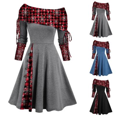 Convertible Neck Cinched Striped Flare A Line Dress Long Sleeve Dress For Women