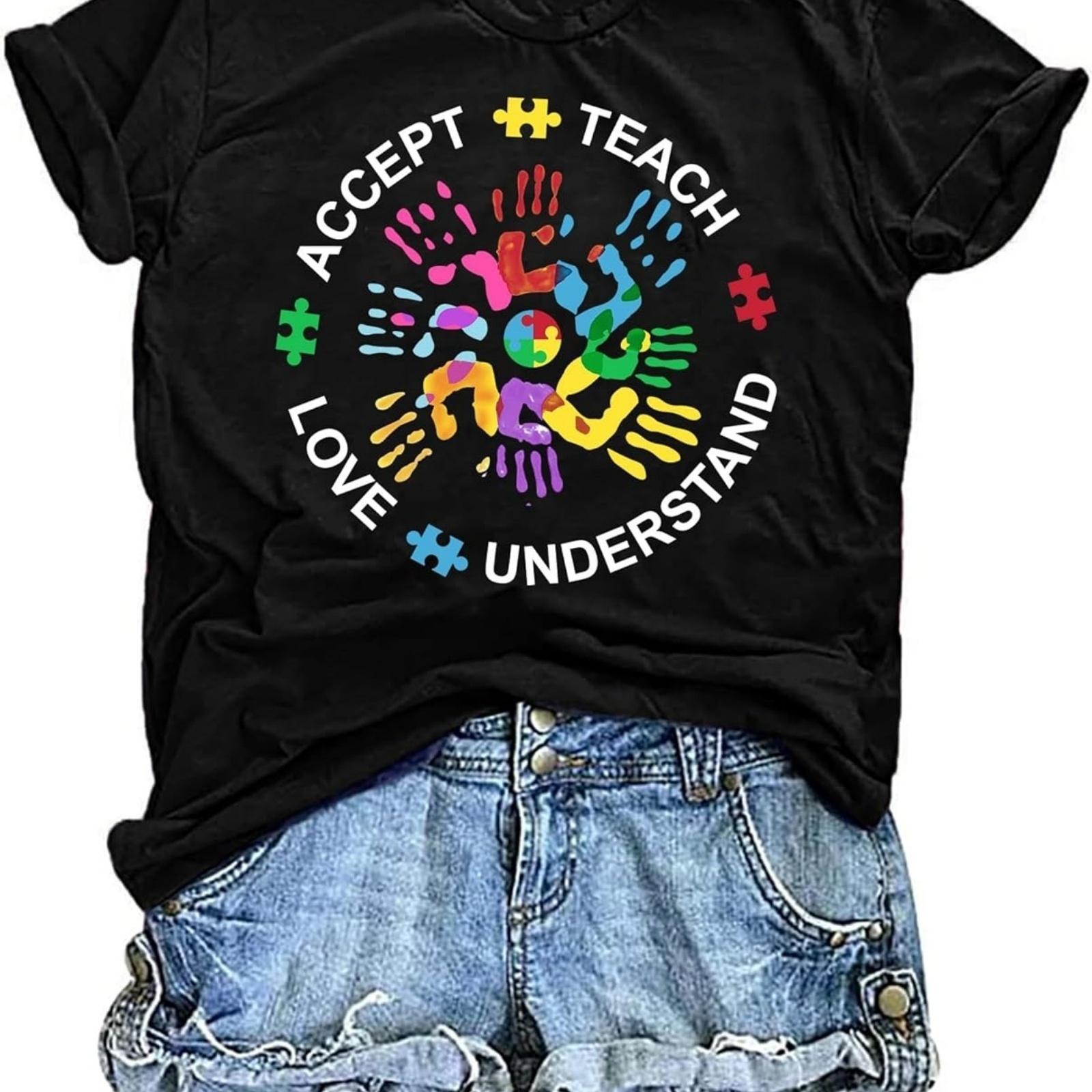 

Autism Awareness Shirt for Women Autistic Support Mom Tshirt Puzzle Piece Heart Graphic Tee Wear Blue in April Tops XXXXXL чорний