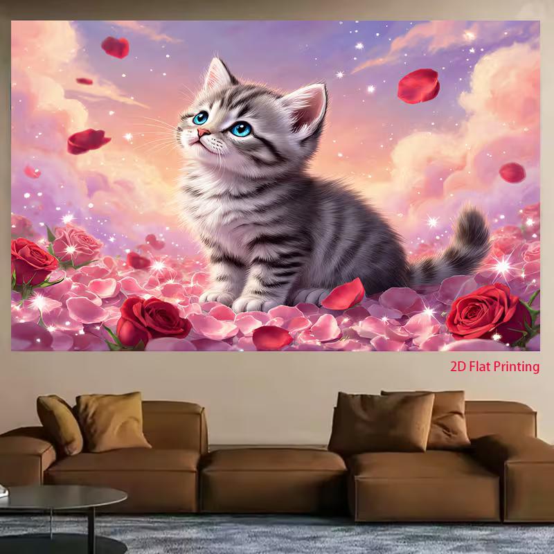 2D Dreamy Cat Tapestry, Adorable Kitten Surrounded by Red Roses and Sparkles Wall Decor
