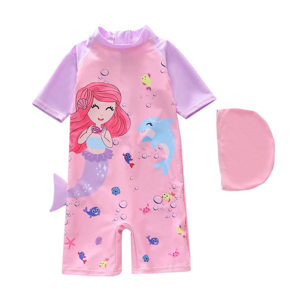 2026 Girls' One-Piece Swimsuit: Cute, Sun-Protective, Short Sleeves, Shorts for Surfing & Pool Activities