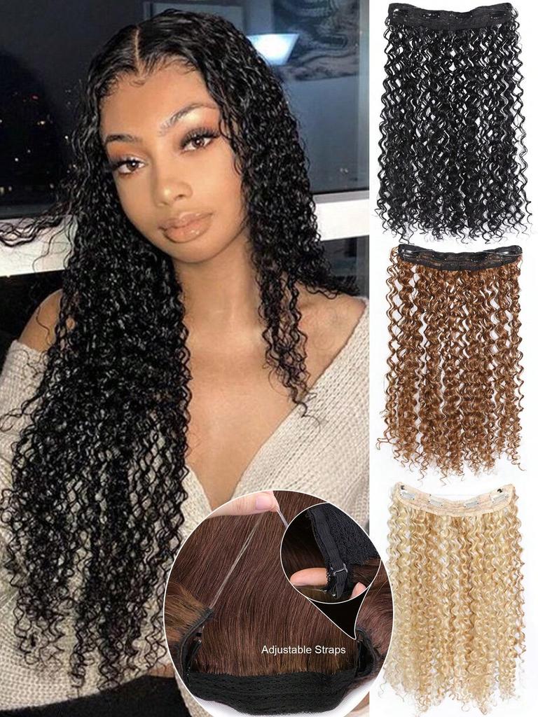 16inch Synthetic Natural Kinky Curly Clip Fish Line Invisible Hair Extensions Mixed Color Blonde Black Brown Artificial False Hair Piece For Women