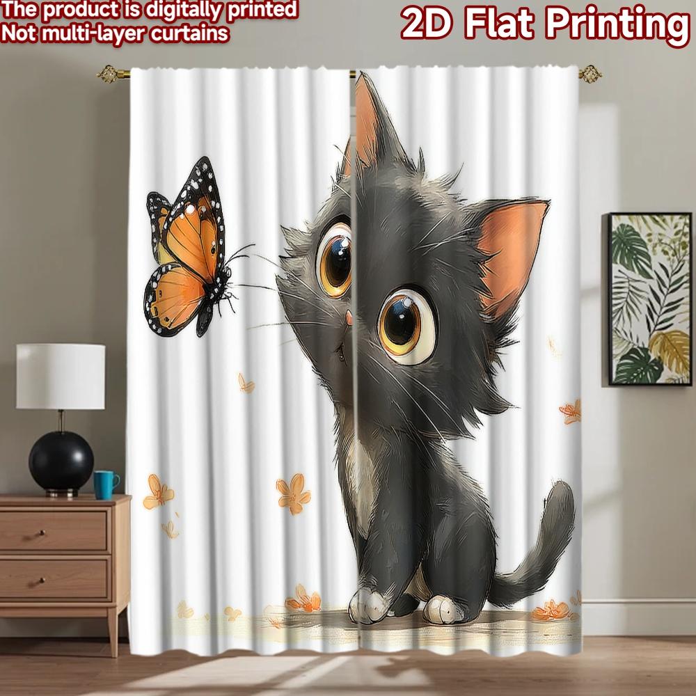 2D flat printing 2pcs Drapes Cute Black Cat Butterfly Digital Printed Polyester Drapes Festive Curtains Use for Festive and