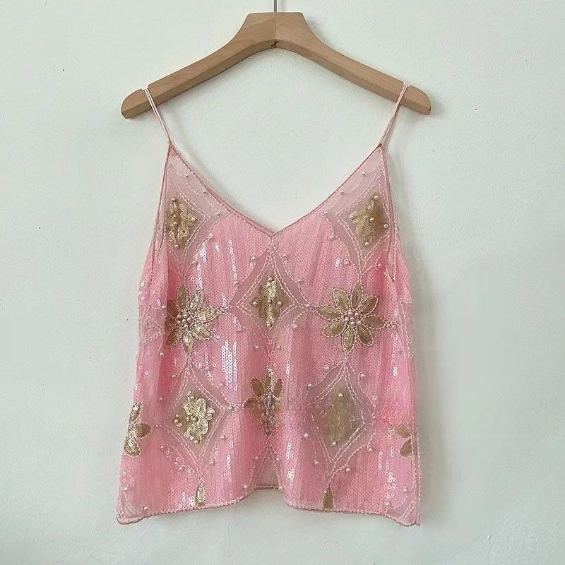 Women's Summer Sequin Beaded Deep V-Neck Crop Cami – Sparkly Sleeveless Layering Tank Top, Sexy Slimming Clubwear