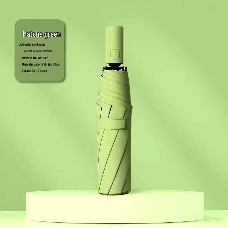 Vollautomatischer dreifach faltbarer UV-Schutz-Schirm mit schwarzem Kleber und Logo für Regen oder Sonne
