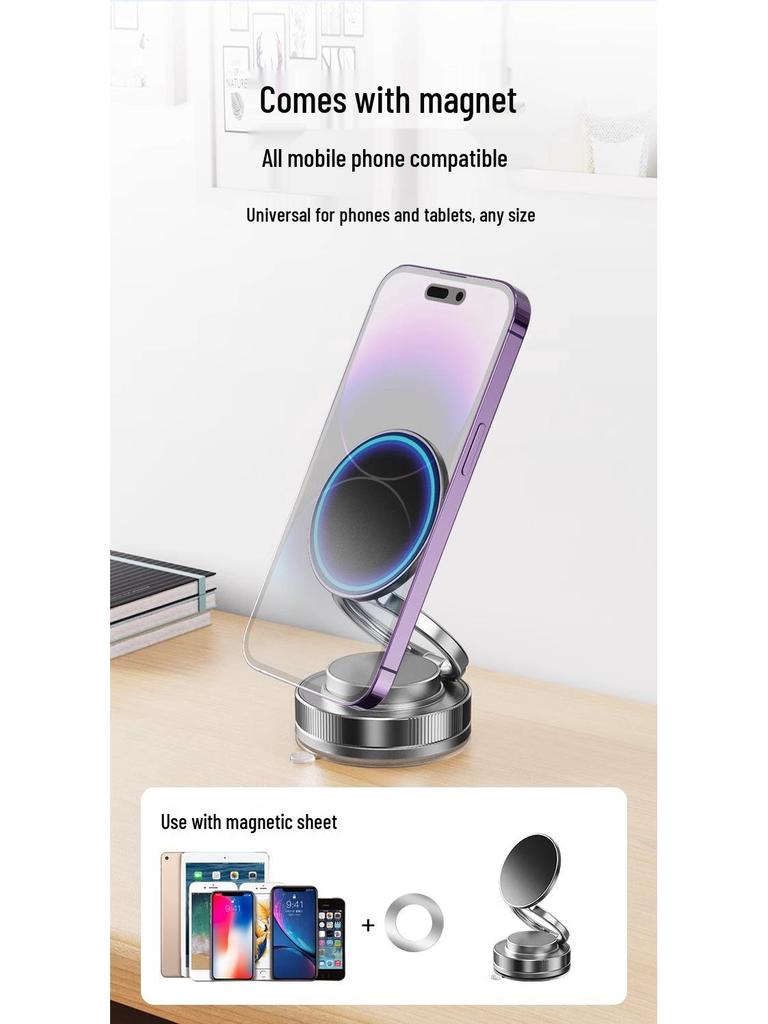 Rotating Magnetic Phone Holder with Vacuum Suction for Car, Desktop, Wall, or Center Console