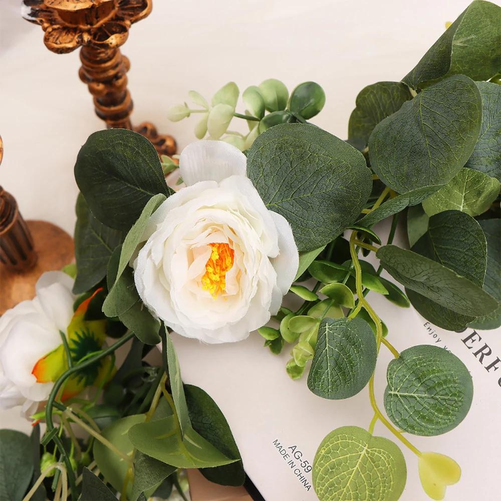 70.87in Faux Floral Vine Garland With White Rose Lifelike Artificial Eucalyptus Leaves Exquisite Durable Garland Hanging Plants