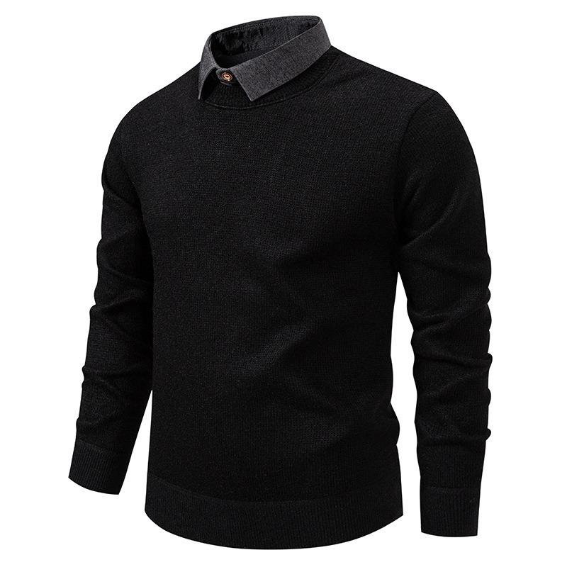 Men Light Gray Ribbed Crew Neck Fake Two Piece Long Sleeve Sweater
