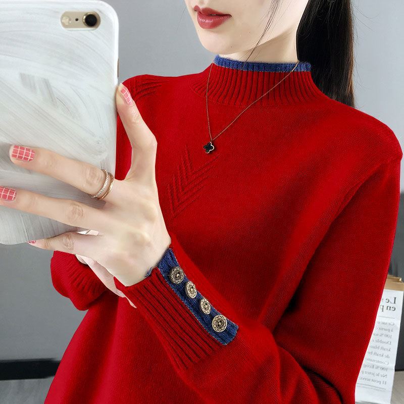 Autumn and Winter New Women's Loose Outside The Short Section of Semi-high Neck Sweater Long-sleeved Inner Take Foreign-style Knitted Bottoming Shirt