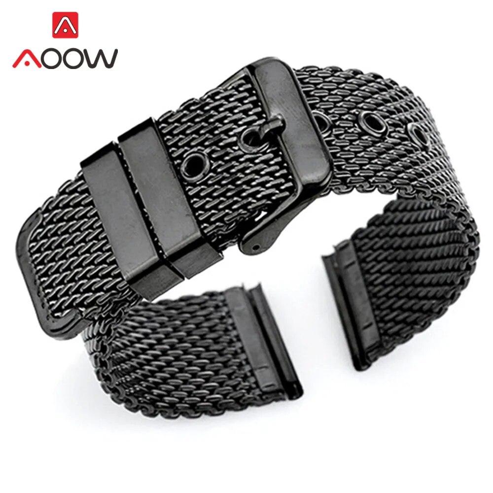 18mm 20mm 22mm 24mm Universal Milanese Loop Band Stainless Steel Strap Pin Buckle Watchband Bracelet Accessories Black Silver