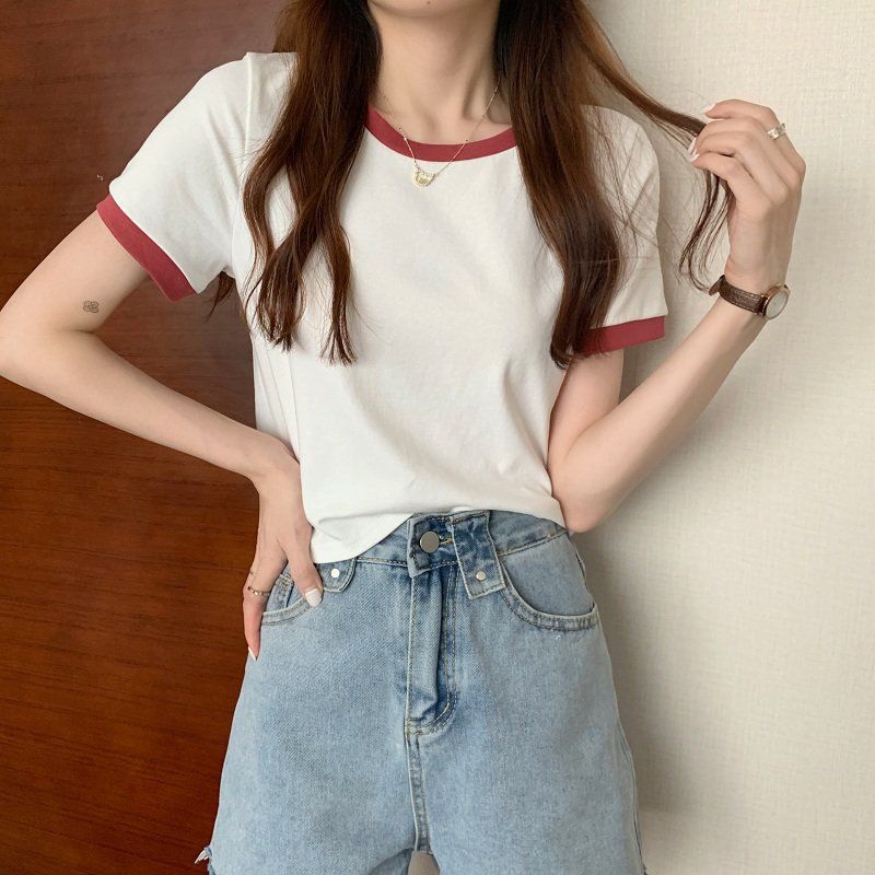 Clash of Colours Rundhals Kurzarm T-Shirt Damen Sommer Bottoming Shirt Slim Tops