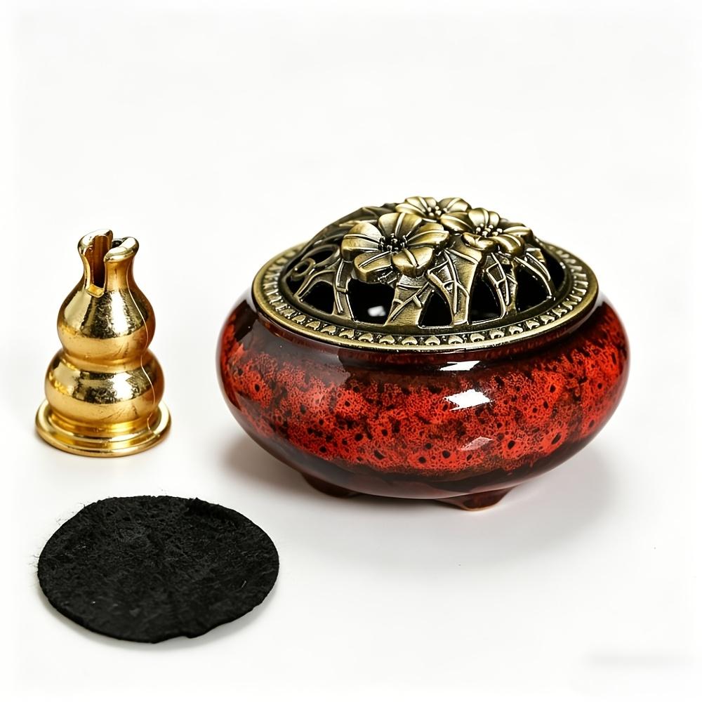 Large Kiln-fired Ceramic Incense Holder Set with Vintage Brass Cover, Includes Fireproof Mat, Coiled Incense Tray and Mesh Cover