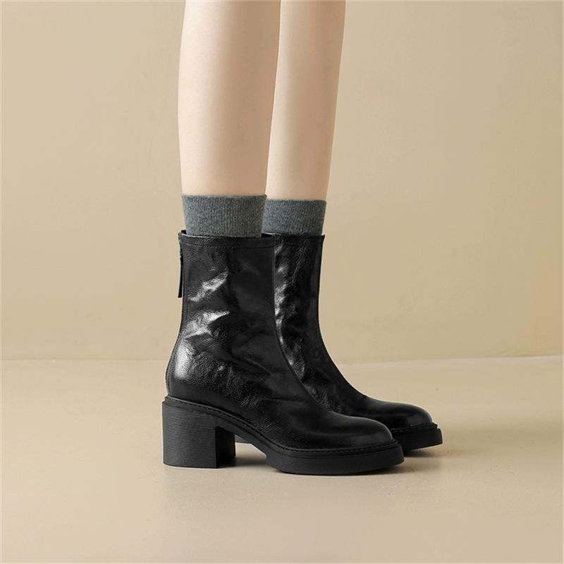This Season's Strong Push~! Autumn and Winter Thick Heel Round Head Rear Zipper Soft Sole Soft Surface Short Boots 6cm High Heel Martin Boots a