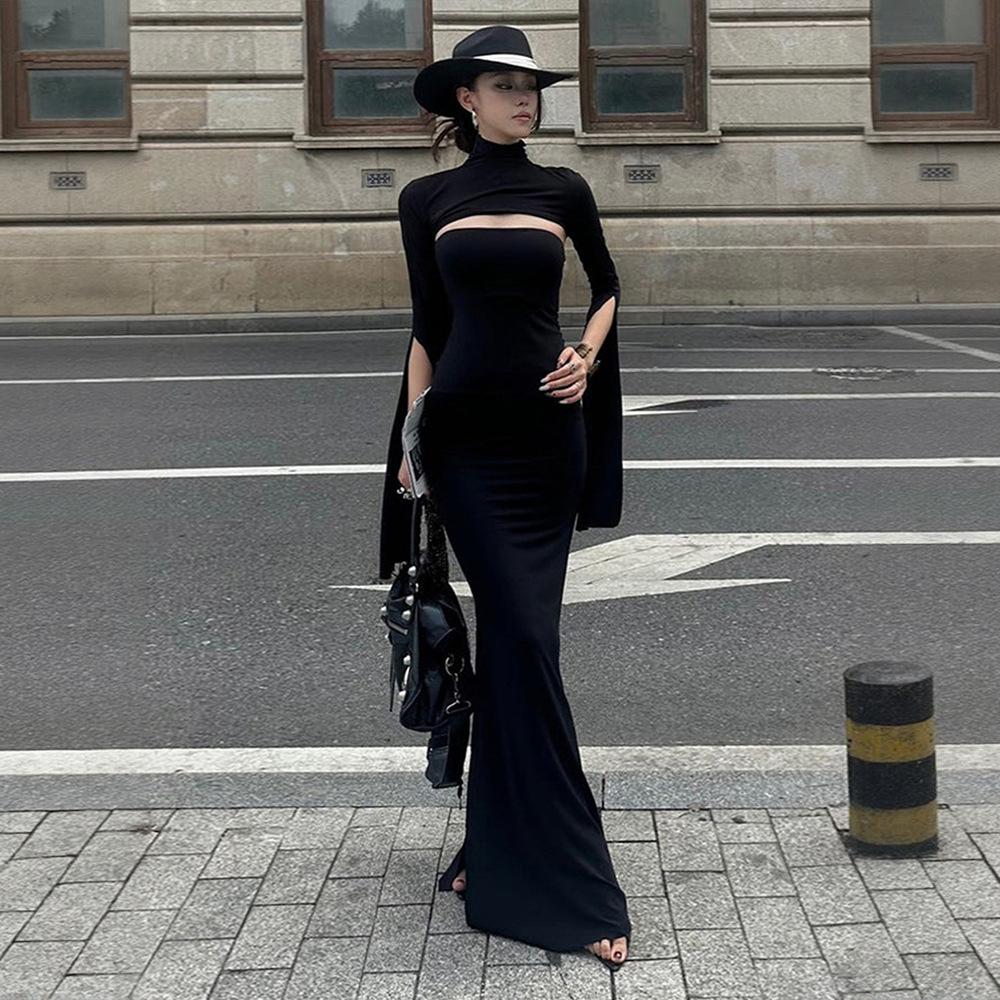 European and American niche design sense, high-grade black slim-fitting fishtail skirt, high-necked hollow-out split-end slim dress, dress