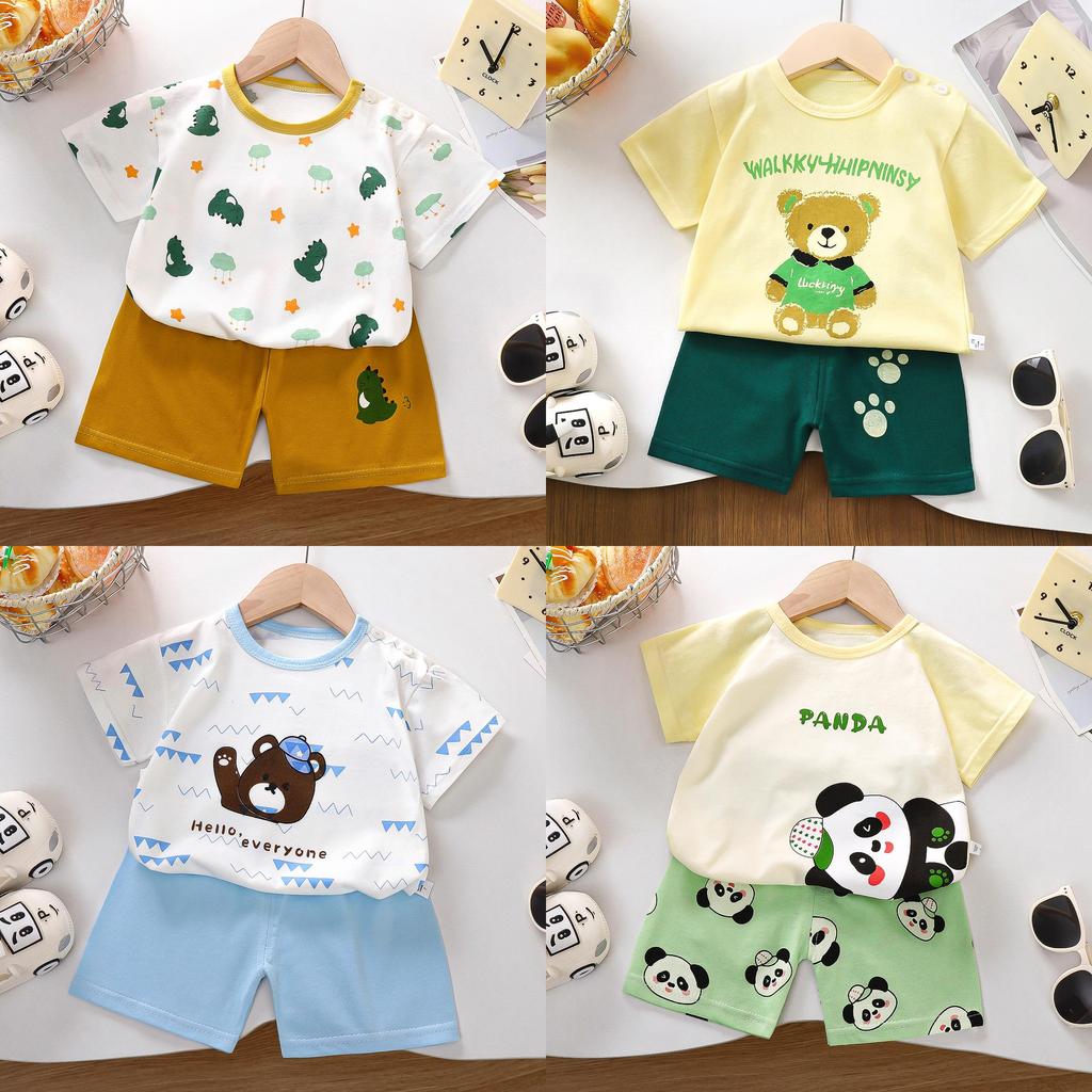 Kids Short Sleeve Cotton Set With Cartoon Pattern For Summer Play