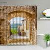 Waterproof Shower Curtain Set Flowers Arch Bridge Landscape Home Decor Bathroom Curtain Polyester Fabric Background Wall Decor