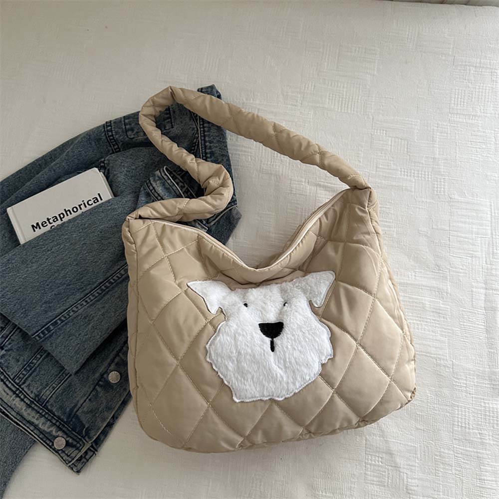 Large Capacity Plaid Messenger Bag Foldable Cartoon Dog Handbag Thickened Cotton Bag Winter