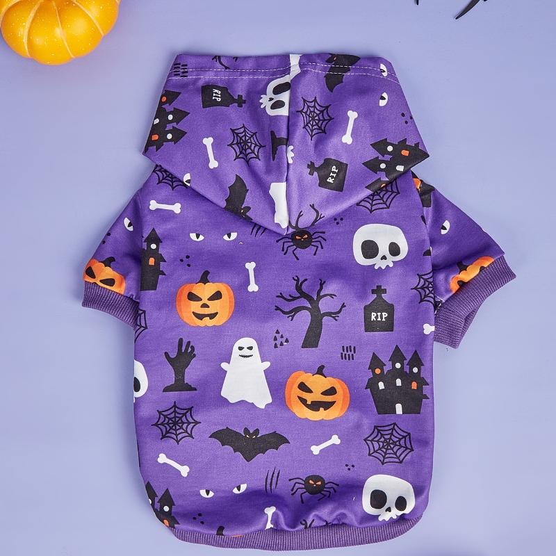 Halloween Pet Hoodie with Pumpkin, Bat & Skull Prints, Purple Hooded Sweatshirt Small Dog Costumes Pet Hoodies Warm Pet Clothes