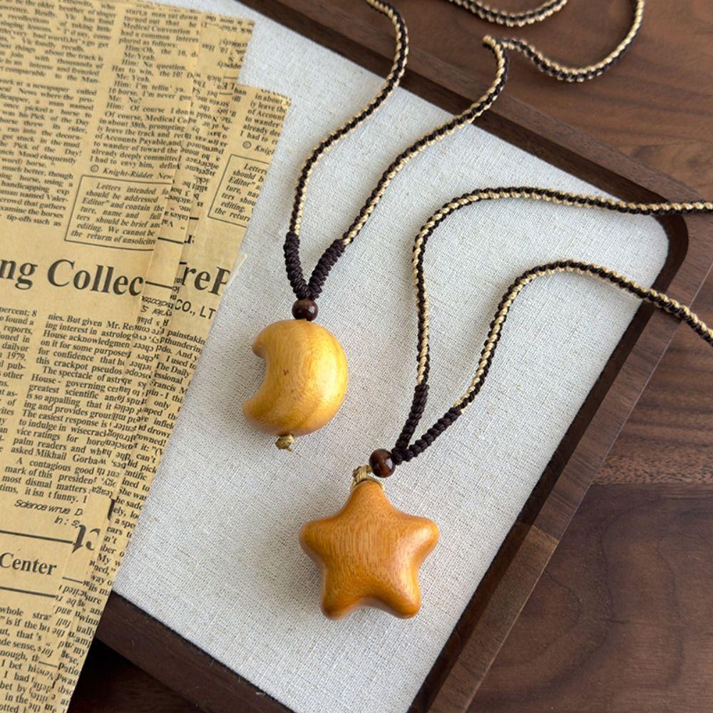 Pendant Wooden Star Moon Necklace Bohemian Style Couple Friends Choker Wood Clavicle Chain  Girls