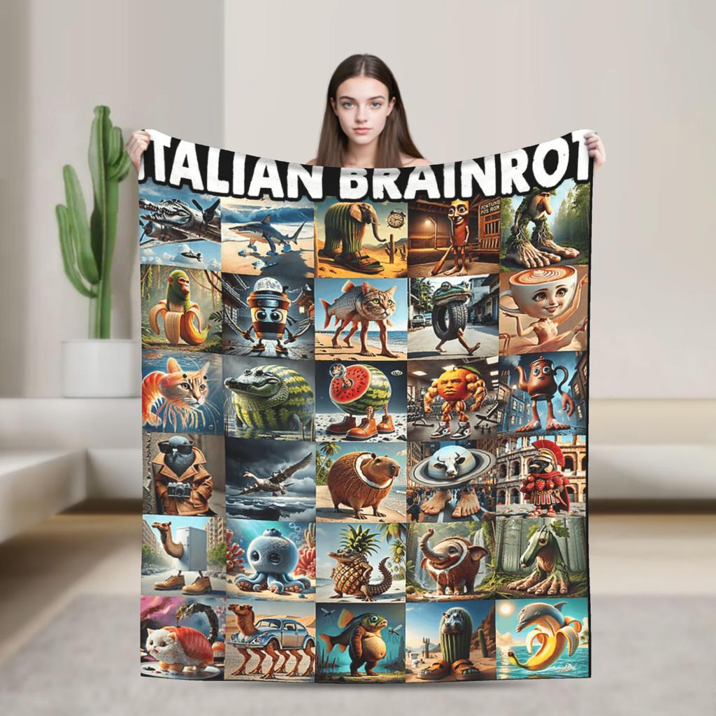 Funny Italian Brainrot Memes Compilation Blanket Travel Flannel Throw Blanket For Home Decor Super Warm Quality Bedspread Gift
