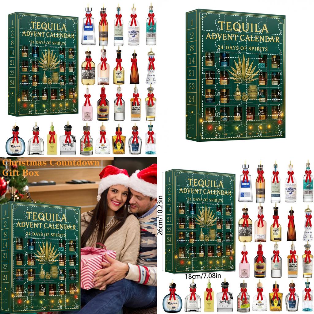 Calendar Advent de Crăciun Sticlă de Tequila Cu Decorațiuni Plate Acrilice Pentru Schimb de Cadouri de Sărbători