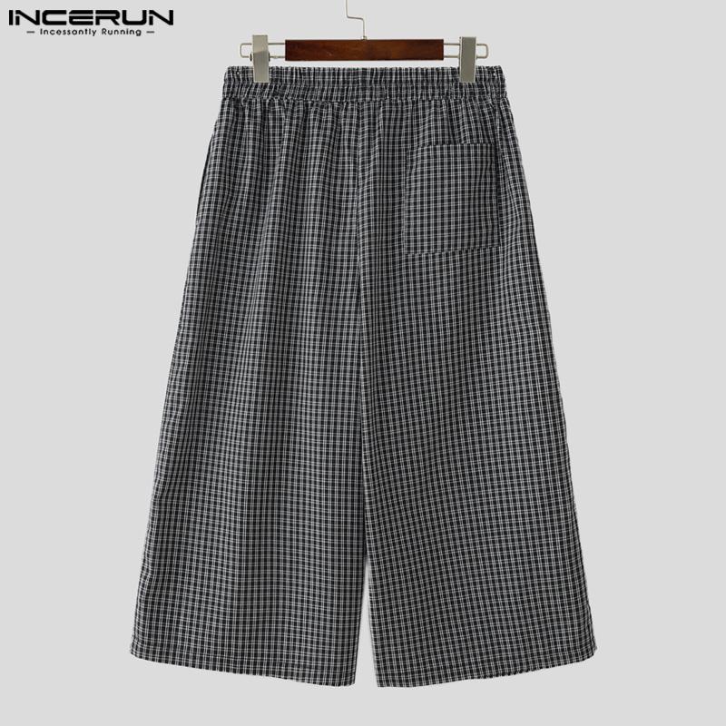INCERUN Men Elastic Waist Plaid Print Casual Loose Wide Legs Capri Pants Shorts