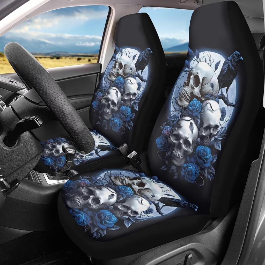 Bulopur Cute Black Gray Skull Set of 2 Car Seat Covers Universal Auto Front Seats Protector Fits for Car,SUV Sedan,Truck