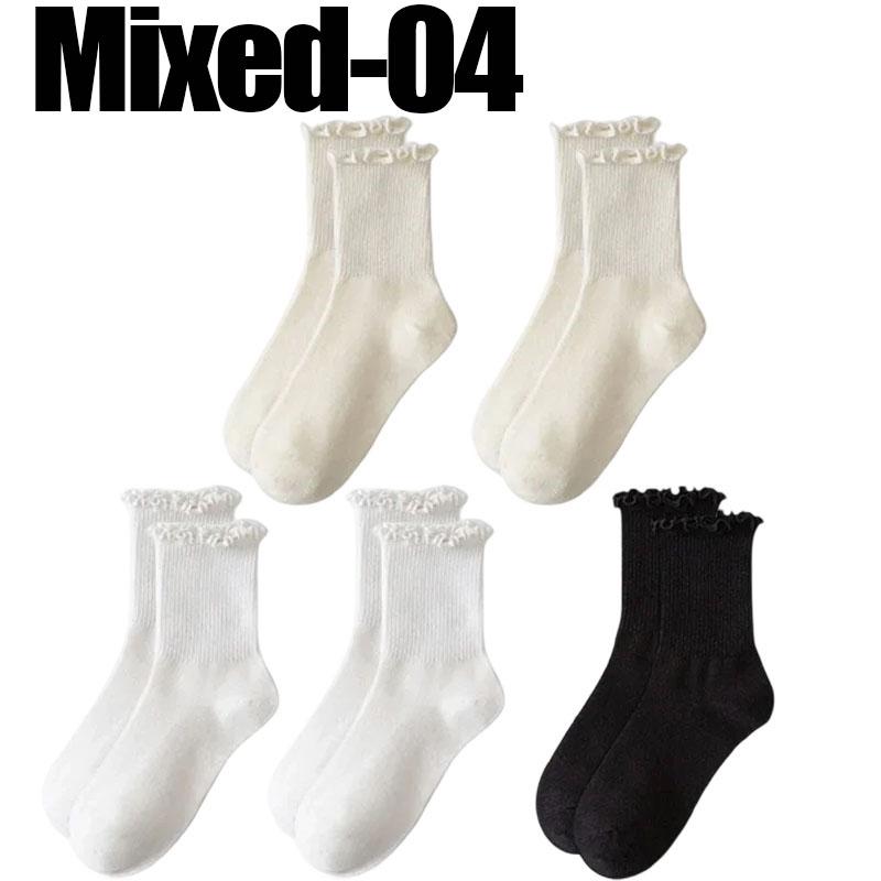 5pairs Korean Lolita JK Ruffle Cotton Socks for Women Middle Tube Ankle Soft Breathable Hosiery Black White Autumn Kawaii Socks