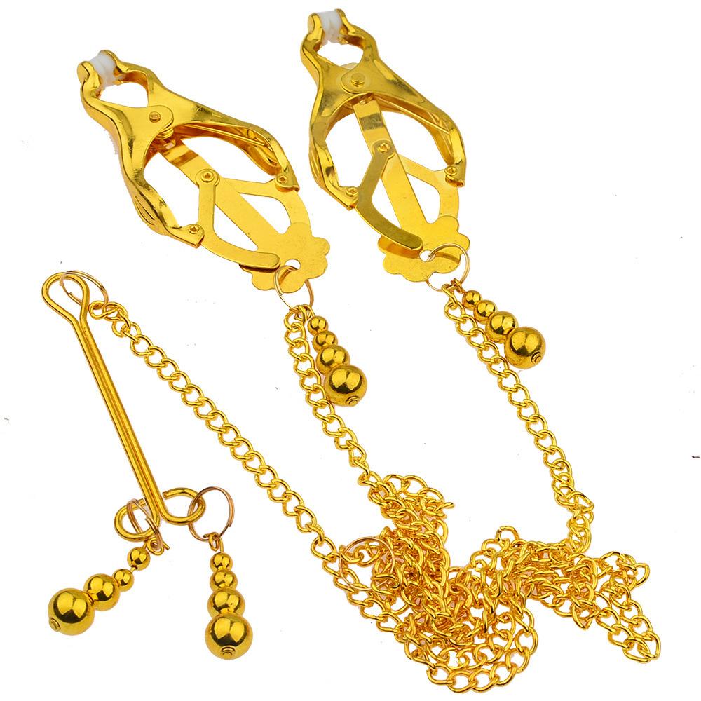 Adult Sex Toys Sex Toy Sexy Nipple Clamp Zhen Butterfly Bead Curtain Labia Clip Three-Head Butterfly Gold