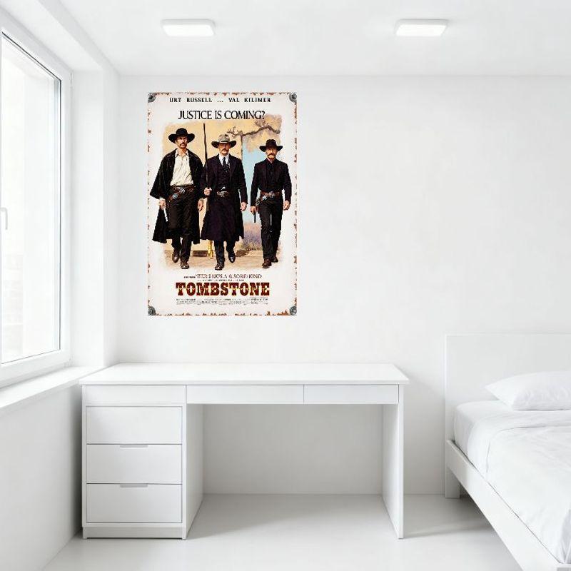 Tombstone Movie Poster Rustic Aged Old West Metal Tin Sign - Val Kilmer, Kurt Russell, Justice Is Coming, Desert Landscape Decor
