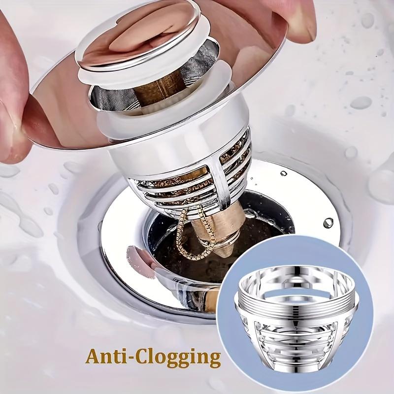 Universal Rebound Drain Plug Filter Basin Pop-up Chrome Sink Filter with Hair Catcher Bathroom Sink Drain Stopper Easy Push Type