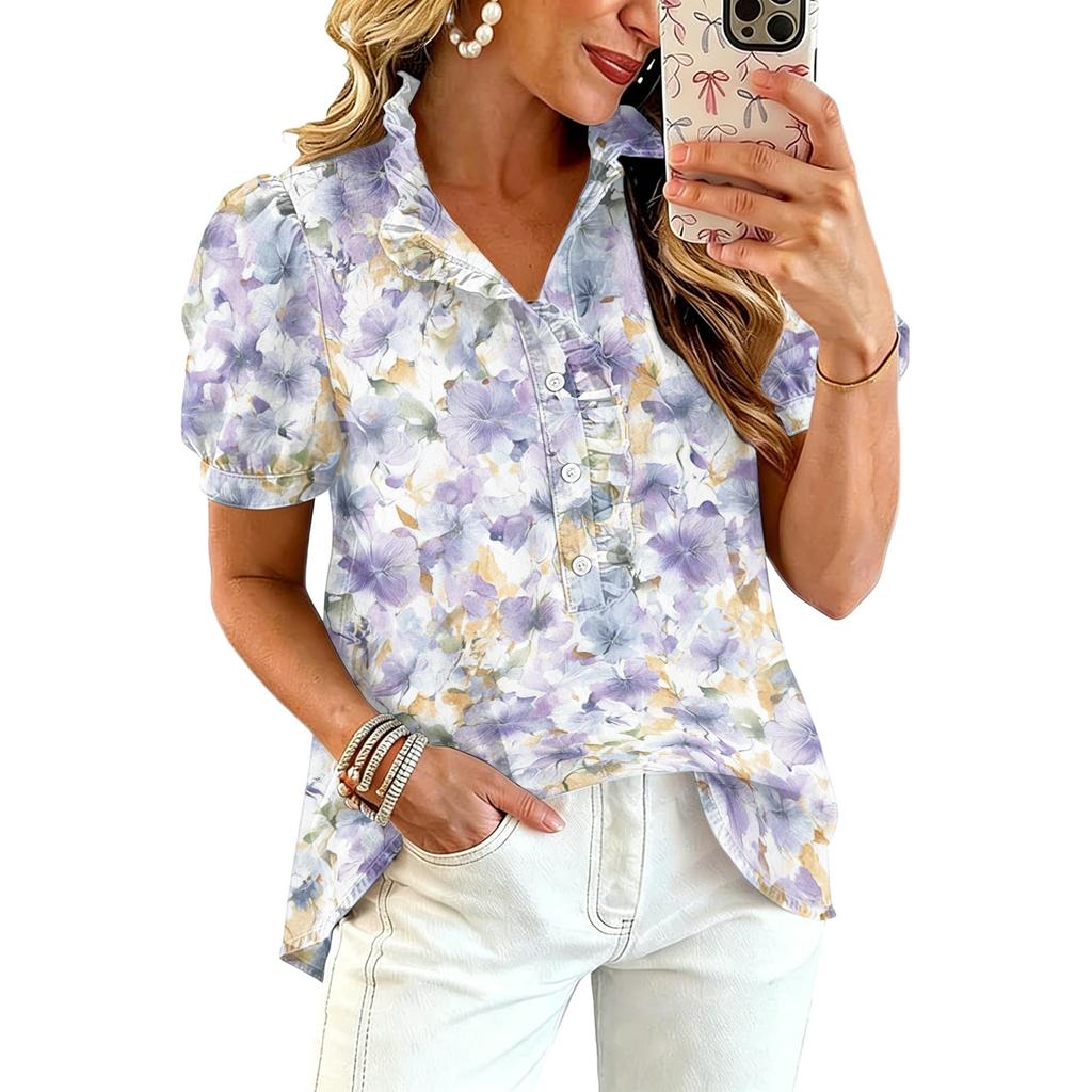 Blusa Stampata da Donna con Volant Scollo a V Manica Corta Casual Vestibilità Larga Bottoni Top Leggero per l'Uso Quotidiano