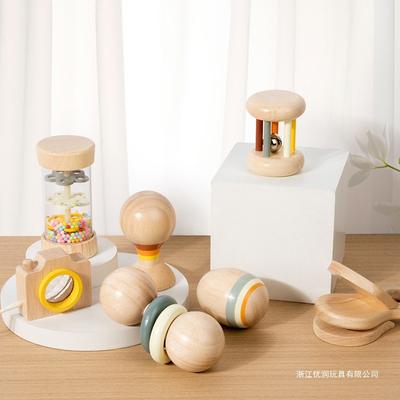 Wooden Children's Puzzle Early Education Newborn Hand Rattle Baby 2 Months 1 Year Old 4 Grip Training Baby Toy