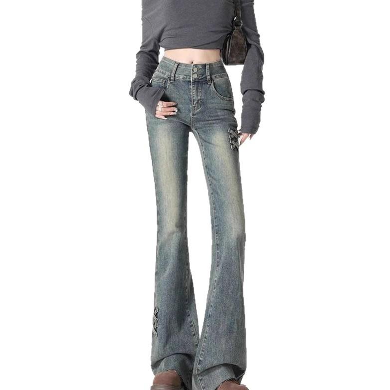 Comfortable Micro Flare Jeans Female Autumn Retro Blue High Waist Large Size Design Sense Niche Skinny Flare Trousers Jeans for Women Long Denim Pants