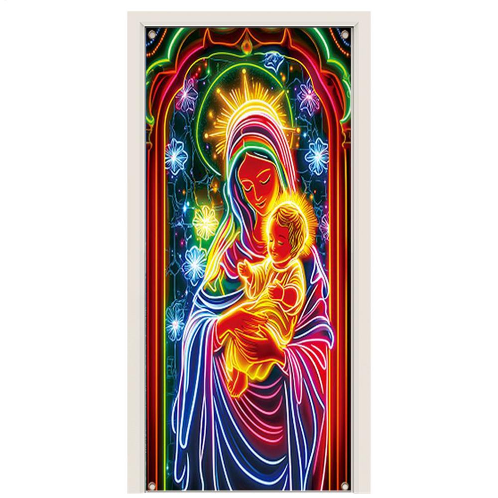 Christmas Door Cover Decoration Fabric Fluorescent Religious Jesus Scene Backdrop Christmas Porch Sign Banner Decor For Indoor