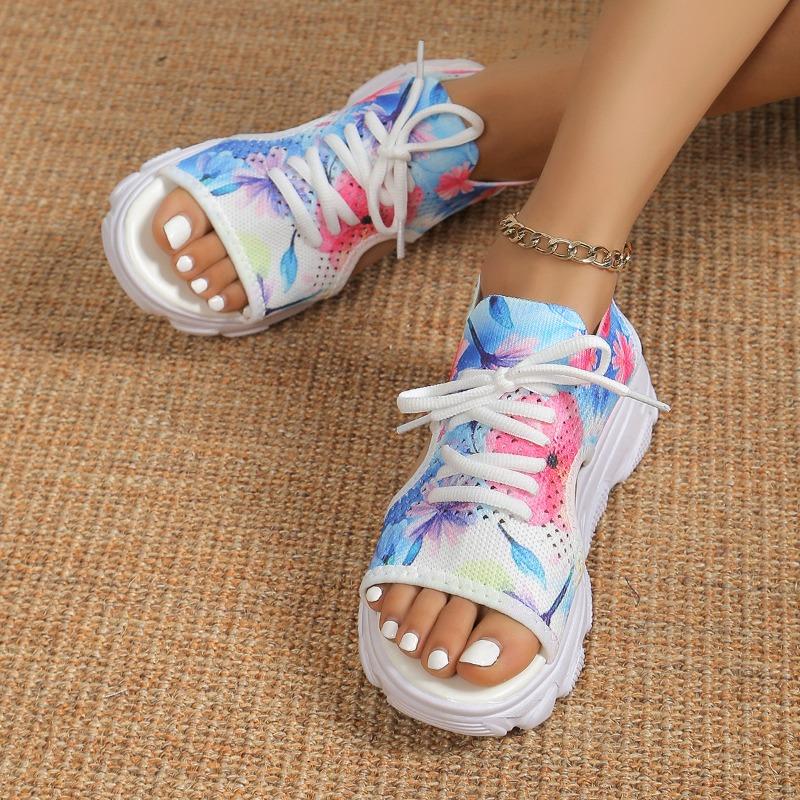 New Mesh Fly-woven Color Front Lace-up Fish Mouth Hollow Platform Sandals Casual Sandals