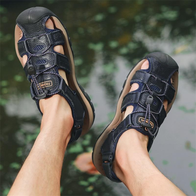 Summer Men Sandals Genuine Leather Mens Casual Shoes Outdoor Men Leather Sandals for Men Beach Shoes Roman Shoes Plus Size 38-48