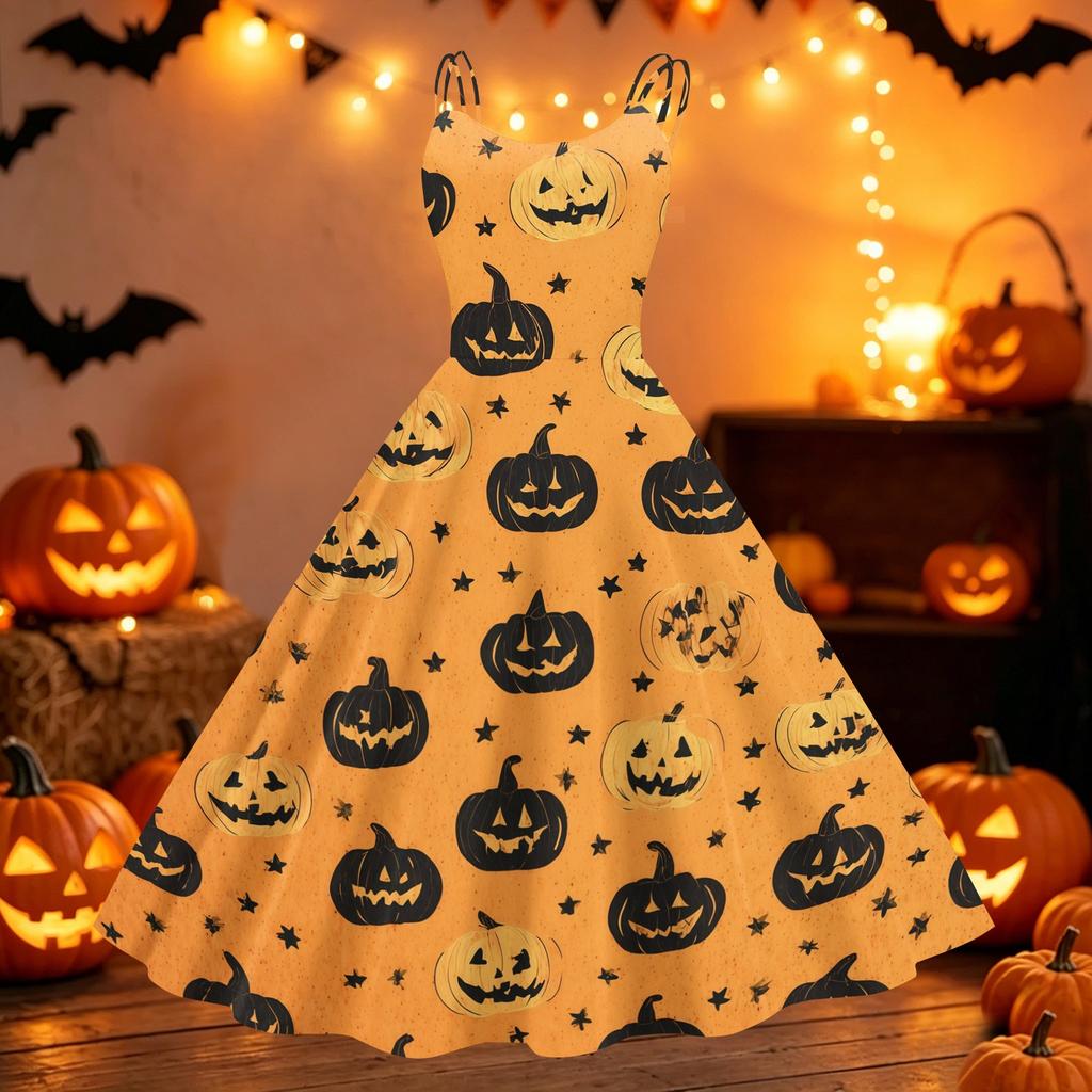 Womens Halloween Spider Web Pumpkin Print Vintage Punk Off Shoulder Dress Sleeveless Flared Skirt Party Costume Dress