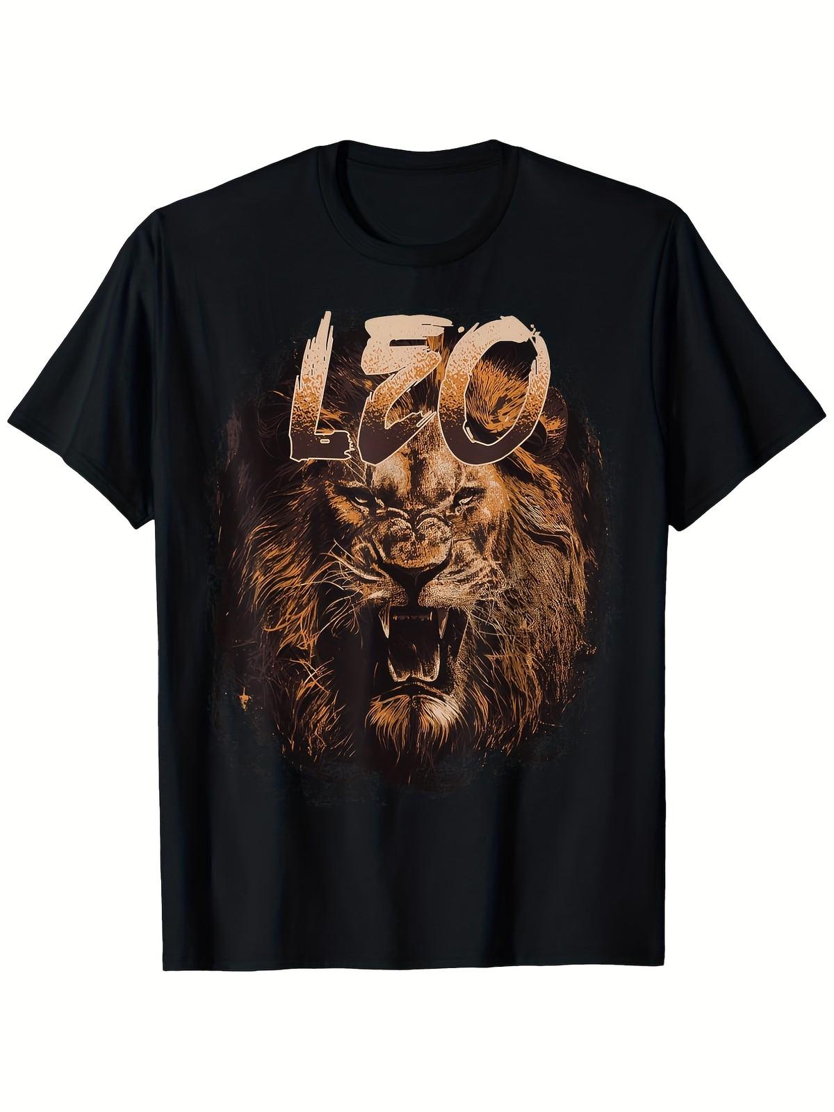 Leo Zodiac Sign T-Shirt - Roaring Lion Graphic Tee, Bold Leo Lettering - Black S разноцветный