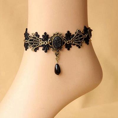 Γυναικεία Vintage Μαύρο Floral Δαντέλα Anklet Αλυσίδα Σανδάλι Αστραγάλου Βραχιόλι Πόδι ξυπόλυτο