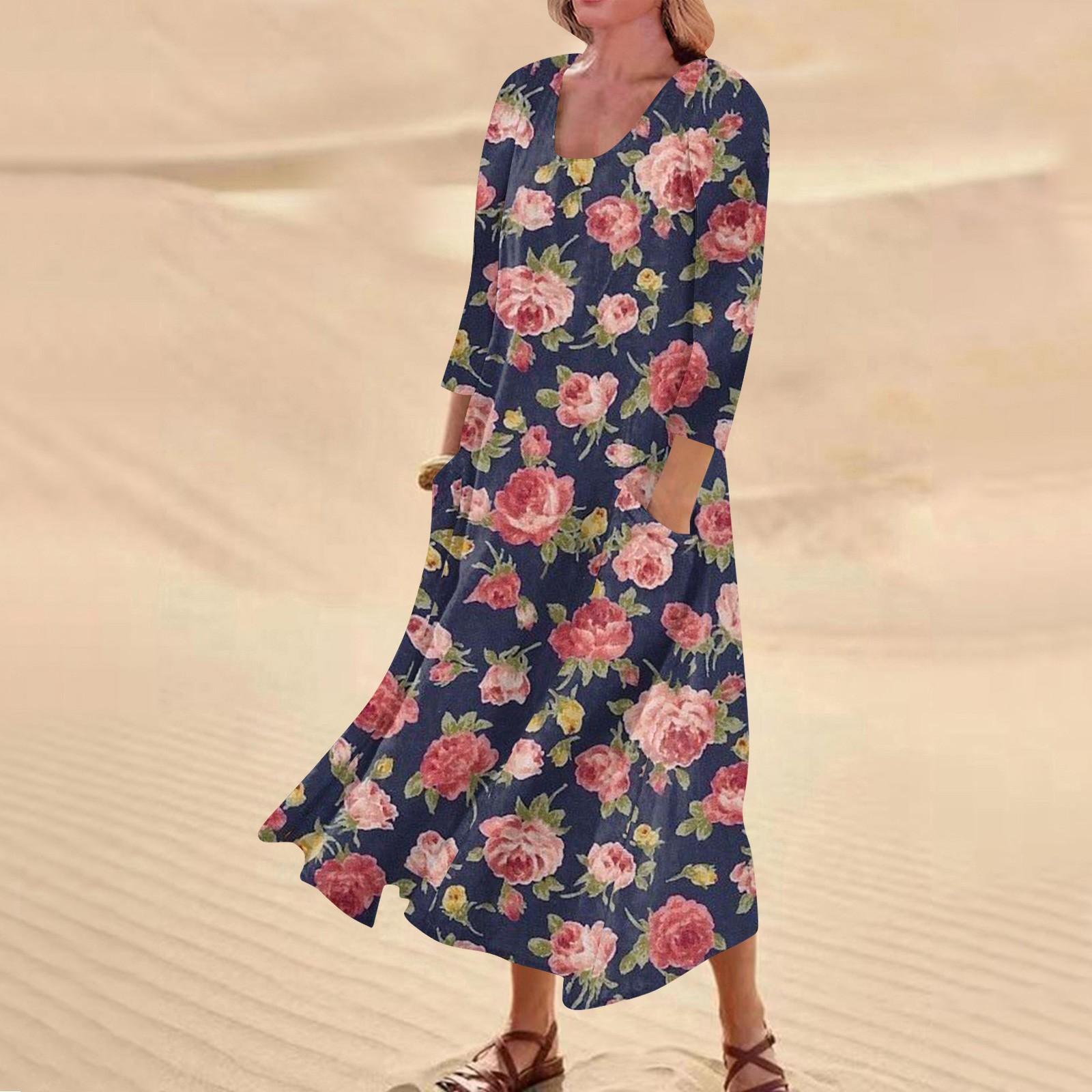 

Жіноча повсякденна зручна бавовняна сукня з кишенями з квітковим принтом і рукавами три чверті XXXXXL