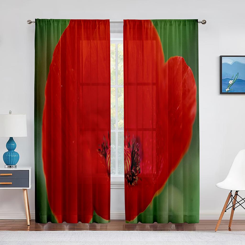 Poppy Flower Red Floral Sheer Voile Curtains for Living Room Bedroom Kitchen Tulle Window Curtain Home Decoration Chiffon Drapes