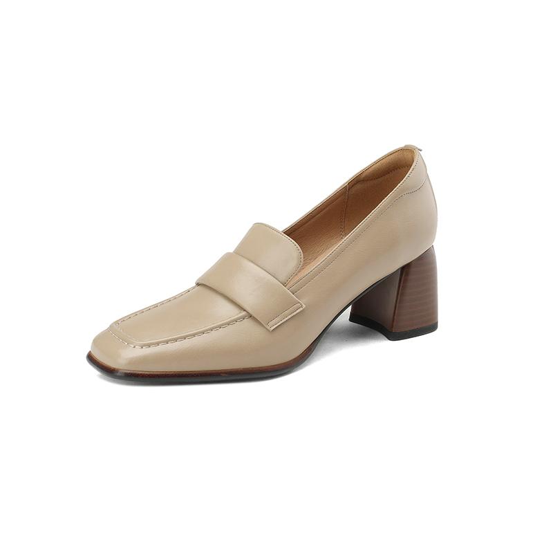 Fashion 2025 Spring New Cow Leather Women Shoes LEISURE Women Slip-On Shallow Pumps Square Toe High Heels Shoes Women Zapatos De Mujer