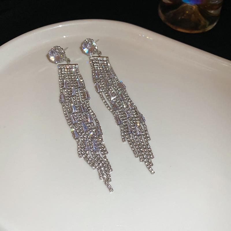 Silver Needle Diamond Flower Water Drop Tassel Earrings Exaggerated Earrings Light Luxury Premium Earrings Women