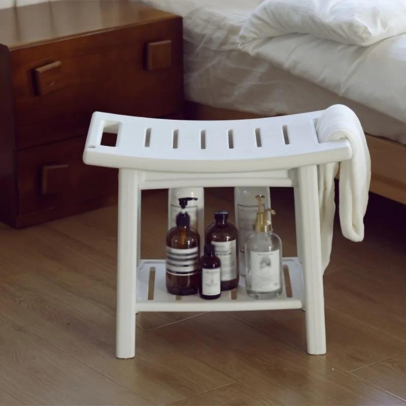 Non-Slip Home Bathroom Shower Stool Mold-Resistant Storage Seat White Plastic Storage Bench with Shelves Bath Shower Essentials