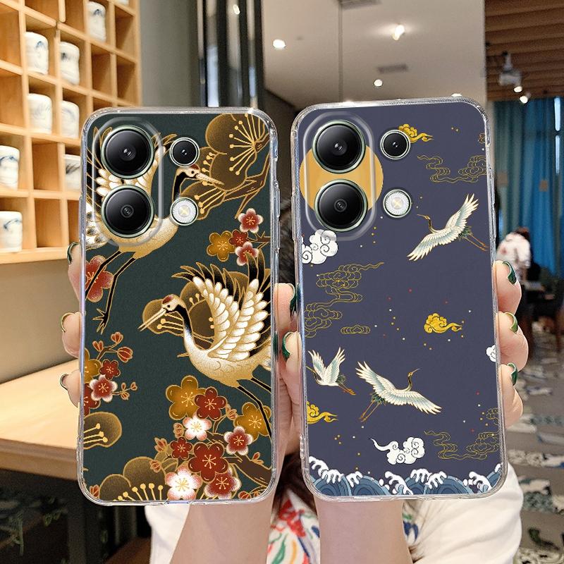 Luxury White Crane Case For iPhone Samsung A55 M34 S24 Xiaomi Redmi 13 Pro 14C Huawei Honor Shockproof Phone Bumper TPU Anti-Scratch Clear Back Cover