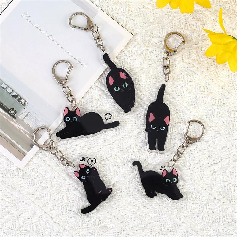 Cartoon cat Acrylic keychain Cute little black cat pendant raccoon flower cat keychain chain school bag pendant
