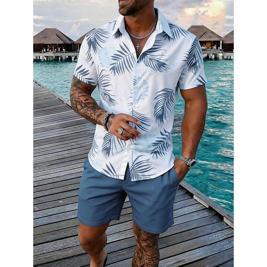 Men's Summer Tropical Flower Hawaiian Shirt, Palm Leaf Print Short-Sleeve Shirt and Shorts Set