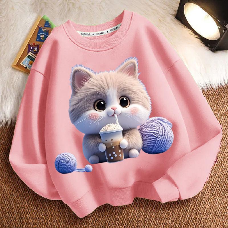 Cute Milk Tea Cat Round-neck Sweatshirt for Children, Fashionable Long-sleeved Casual Sweatshirt for Boys and Girls in Spring and Autumn