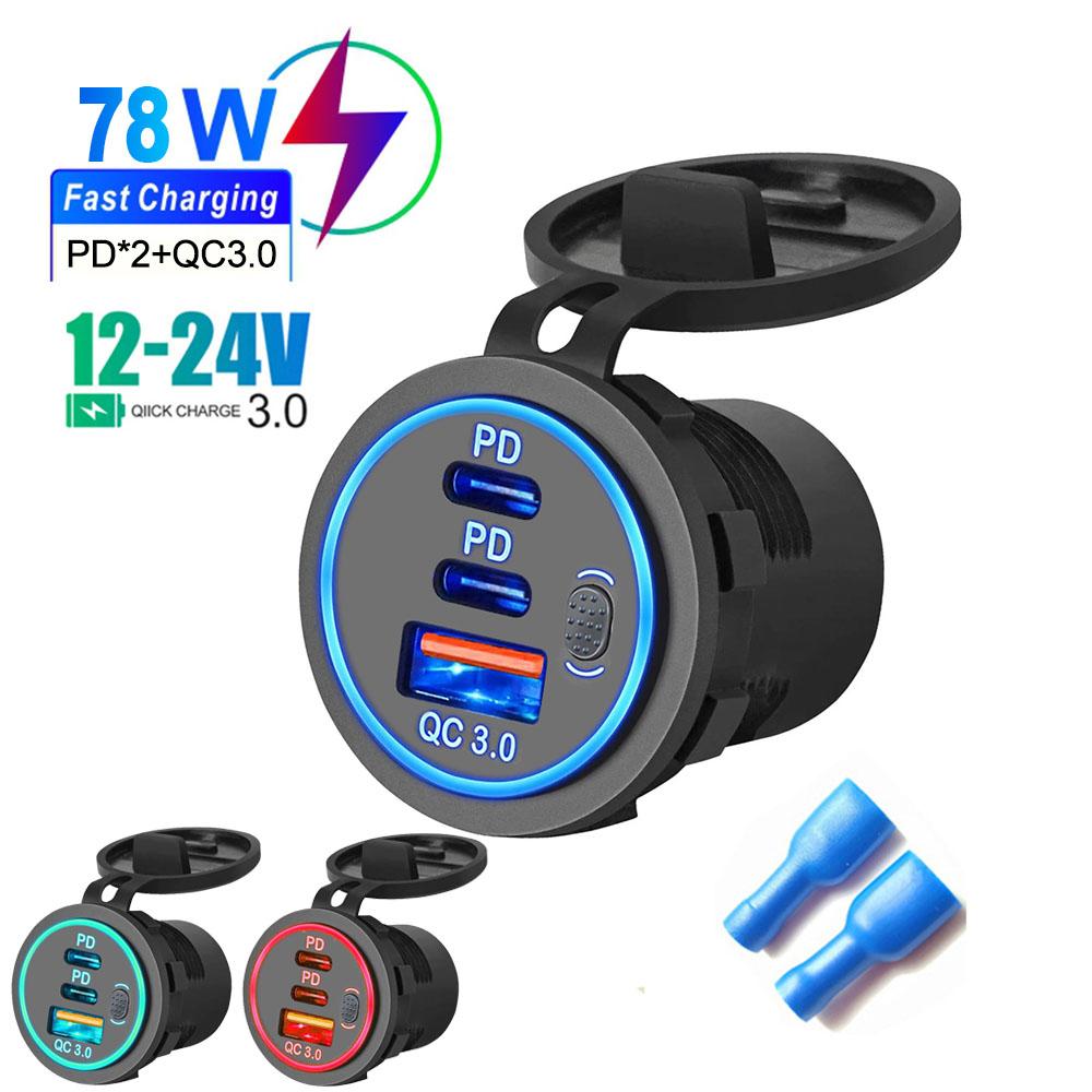 Adattatore Caricabatterie da Auto USB con Doppia Porta PD QC3.0 e Interruttore, Impermeabile, Caricabatterie Auto Modificato in ABS per Telefono, per Camion, Barca, 12V-24V